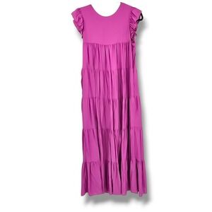 English Factory Tiered Ruffle Sleeve Maxi Dress Magenta Casual Vacation Flowy